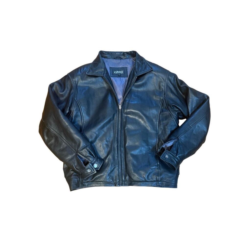 90s Vintage Kasper Black Leather Bomber Jacket Medium